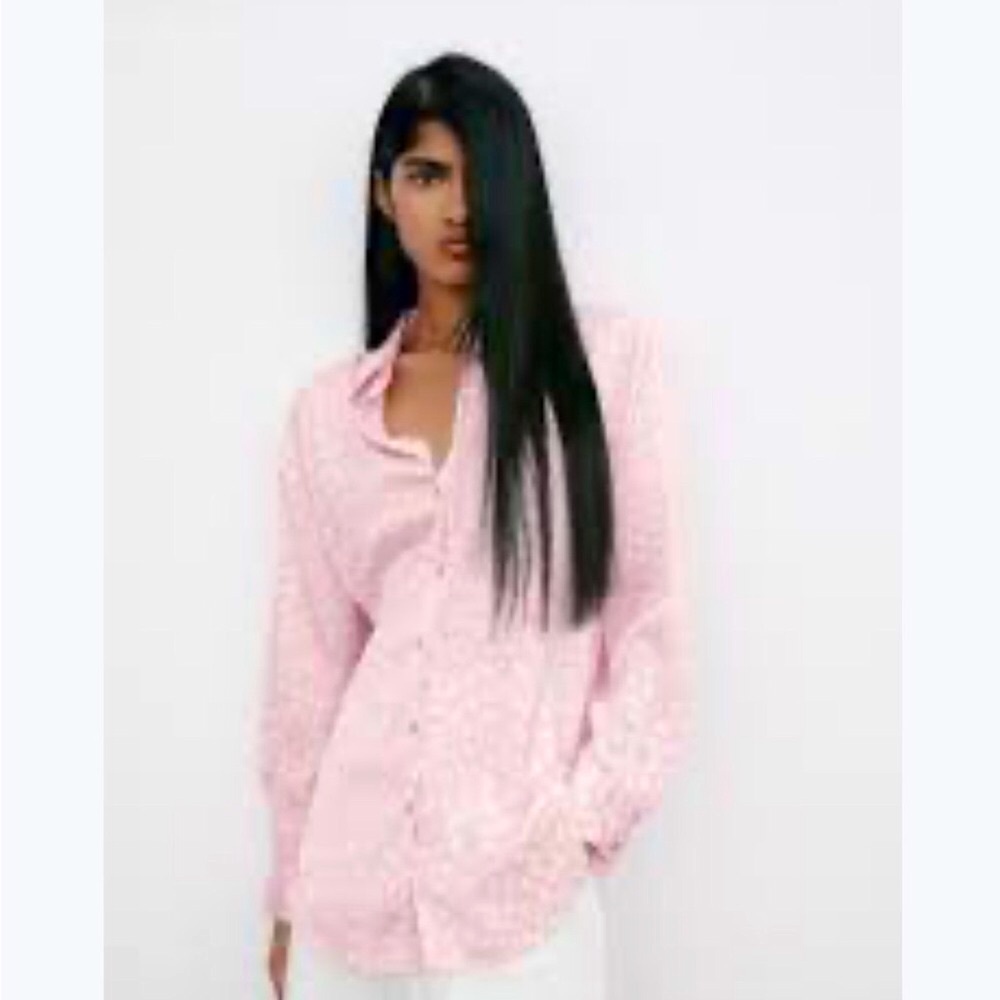 ZARA Pink Leopard Print Button Down Long Sleeve Top